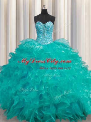 Amazing Floor Length Lace Up Quinceanera Dresses Turquoise for Military Ball and Sweet 16 and Quinceanera with Beading and Ruffles