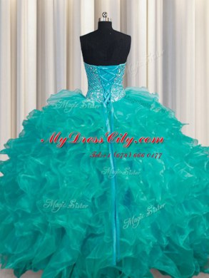 Amazing Floor Length Lace Up Quinceanera Dresses Turquoise for Military Ball and Sweet 16 and Quinceanera with Beading and Ruffles