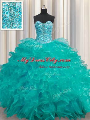 Amazing Floor Length Lace Up Quinceanera Dresses Turquoise for Military Ball and Sweet 16 and Quinceanera with Beading and Ruffles