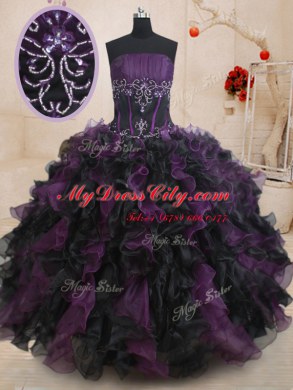 Black And Purple Lace Up 15 Quinceanera Dress Beading and Ruffles Sleeveless Floor Length