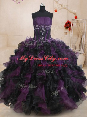 Black And Purple Lace Up 15 Quinceanera Dress Beading and Ruffles Sleeveless Floor Length
