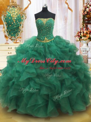 Shining Ball Gowns 15th Birthday Dress Dark Green Strapless Organza Sleeveless Floor Length Lace Up