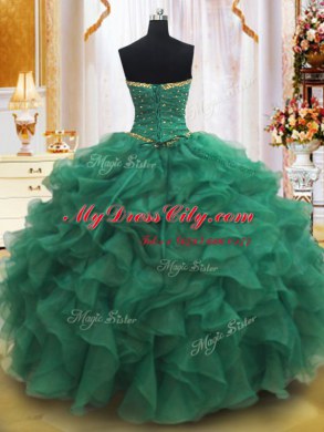 Shining Ball Gowns 15th Birthday Dress Dark Green Strapless Organza Sleeveless Floor Length Lace Up