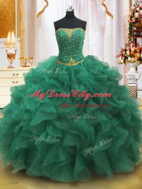 Shining Ball Gowns 15th Birthday Dress Dark Green Strapless Organza Sleeveless Floor Length Lace Up