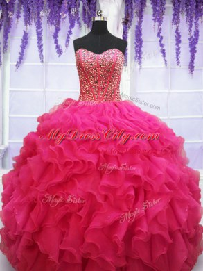 Fashion Hot Pink Sleeveless Organza Lace Up 15th Birthday Dress for Military Ball and Sweet 16 and Quinceanera