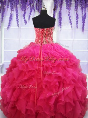 Fashion Hot Pink Sleeveless Organza Lace Up 15th Birthday Dress for Military Ball and Sweet 16 and Quinceanera