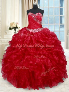 Designer Sleeveless Floor Length Beading and Ruffles Lace Up Quince Ball Gowns with Red