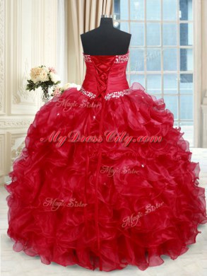 Designer Sleeveless Floor Length Beading and Ruffles Lace Up Quince Ball Gowns with Red