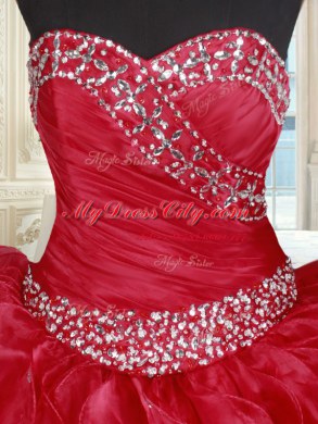 Designer Sleeveless Floor Length Beading and Ruffles Lace Up Quince Ball Gowns with Red