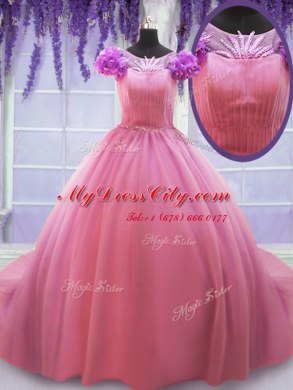 Scoop Rose Pink Cap Sleeves Court Train Beading and Hand Made Flower Quince Ball Gowns