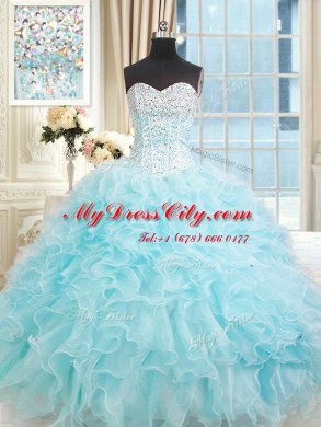Wonderful Light Blue Ball Gowns Sweetheart Sleeveless Organza Floor Length Lace Up Ruffles 15th Birthday Dress