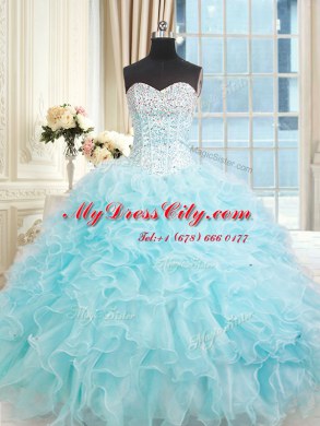 Wonderful Light Blue Ball Gowns Sweetheart Sleeveless Organza Floor Length Lace Up Ruffles 15th Birthday Dress