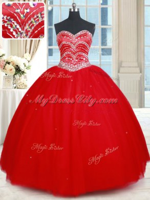 Shining Red Tulle Lace Up Quinceanera Gowns Sleeveless Floor Length Beading