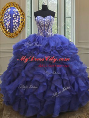 Sweetheart Sleeveless Sweet 16 Dress Floor Length Beading and Ruffles Royal Blue Organza
