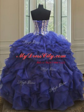 Sweetheart Sleeveless Sweet 16 Dress Floor Length Beading and Ruffles Royal Blue Organza