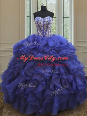 Sweetheart Sleeveless Sweet 16 Dress Floor Length Beading and Ruffles Royal Blue Organza