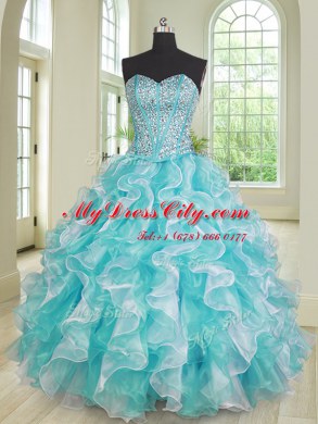 Dramatic Blue And White Lace Up Quince Ball Gowns Beading and Ruffles Sleeveless Floor Length
