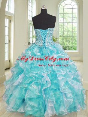 Dramatic Blue And White Lace Up Quince Ball Gowns Beading and Ruffles Sleeveless Floor Length