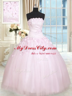 Sleeveless Tulle Floor Length Lace Up Quinceanera Gowns in Baby Pink with Beading and Appliques