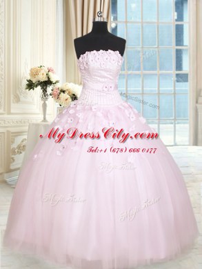 Sleeveless Tulle Floor Length Lace Up Quinceanera Gowns in Baby Pink with Beading and Appliques