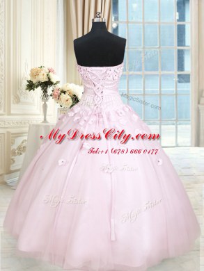 Sleeveless Tulle Floor Length Lace Up Quinceanera Gowns in Baby Pink with Beading and Appliques