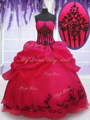 Sumptuous Strapless Sleeveless Quinceanera Gown Floor Length Embroidery and Pick Ups Coral Red Organza