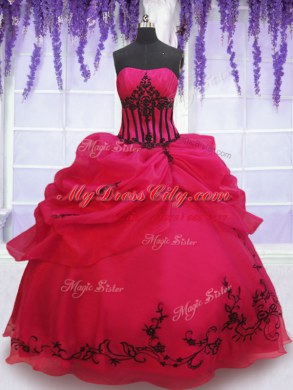 Sumptuous Strapless Sleeveless Quinceanera Gown Floor Length Embroidery and Pick Ups Coral Red Organza