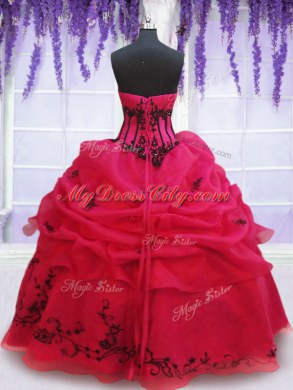 Sumptuous Strapless Sleeveless Quinceanera Gown Floor Length Embroidery and Pick Ups Coral Red Organza