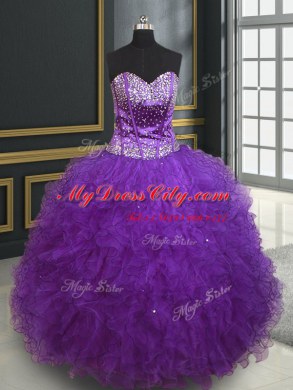 Beading and Ruffles Quinceanera Dress Eggplant Purple Lace Up Sleeveless Floor Length