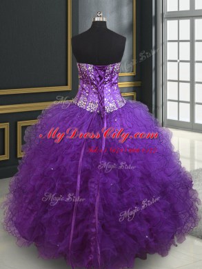 Beading and Ruffles Quinceanera Dress Eggplant Purple Lace Up Sleeveless Floor Length