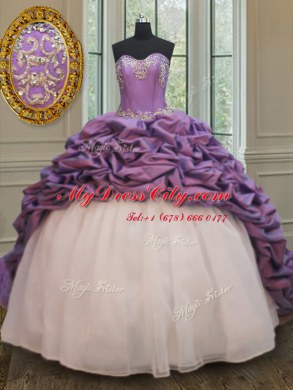 White And Purple Ball Gowns Beading and Pick Ups Sweet 16 Quinceanera Dress Lace Up Organza and Taffeta Sleeveless With Train