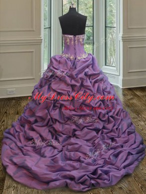 White And Purple Ball Gowns Beading and Pick Ups Sweet 16 Quinceanera Dress Lace Up Organza and Taffeta Sleeveless With Train
