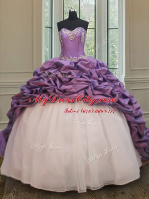 White And Purple Ball Gowns Beading and Pick Ups Sweet 16 Quinceanera Dress Lace Up Organza and Taffeta Sleeveless With Train