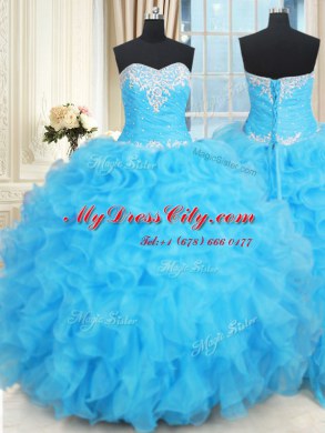 Enchanting Baby Blue Ball Gowns Organza Sweetheart Sleeveless Beading and Ruffles and Ruffled Layers Floor Length Lace Up Quinceanera Gowns