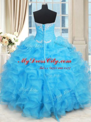 Enchanting Baby Blue Ball Gowns Organza Sweetheart Sleeveless Beading and Ruffles and Ruffled Layers Floor Length Lace Up Quinceanera Gowns