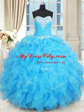 Enchanting Baby Blue Ball Gowns Organza Sweetheart Sleeveless Beading and Ruffles and Ruffled Layers Floor Length Lace Up Quinceanera Gowns