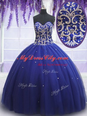 Sleeveless Tulle Lace Up Sweet 16 Quinceanera Dress in Royal Blue with Beading and Sequins
