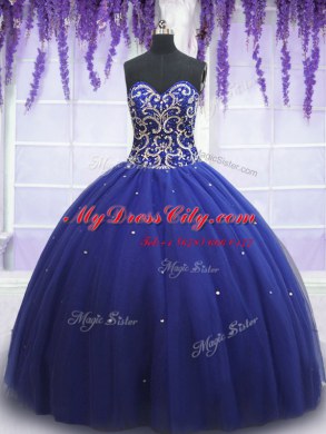 Sleeveless Tulle Lace Up Sweet 16 Quinceanera Dress in Royal Blue with Beading and Sequins
