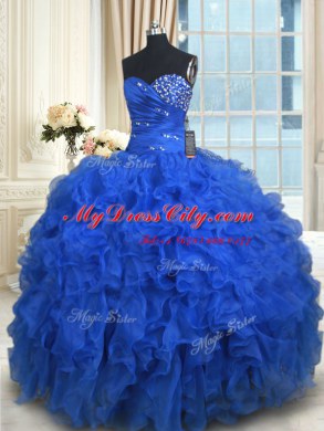 Dramatic Royal Blue Organza Lace Up Sweetheart Sleeveless Floor Length Ball Gown Prom Dress Beading and Ruffles