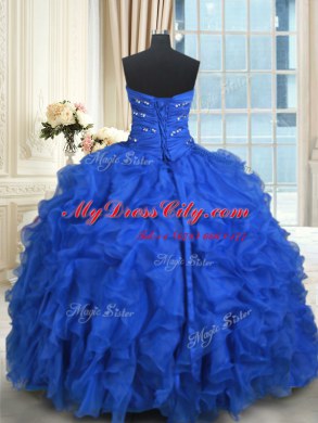 Dramatic Royal Blue Organza Lace Up Sweetheart Sleeveless Floor Length Ball Gown Prom Dress Beading and Ruffles
