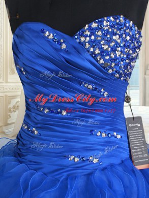Dramatic Royal Blue Organza Lace Up Sweetheart Sleeveless Floor Length Ball Gown Prom Dress Beading and Ruffles