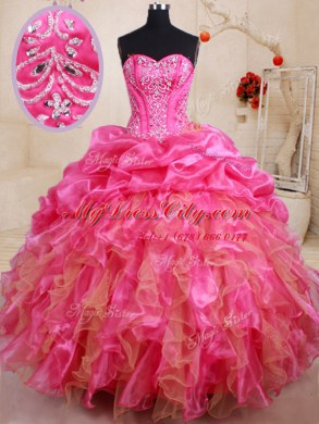 Pick Ups Ball Gowns Quince Ball Gowns Hot Pink Sweetheart Organza Sleeveless Floor Length Lace Up