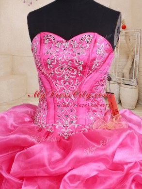 Pick Ups Ball Gowns Quince Ball Gowns Hot Pink Sweetheart Organza Sleeveless Floor Length Lace Up