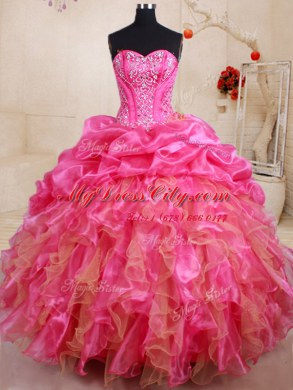 Pick Ups Ball Gowns Quince Ball Gowns Hot Pink Sweetheart Organza Sleeveless Floor Length Lace Up