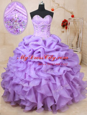 Organza Sweetheart Sleeveless Lace Up Beading and Ruffles and Pick Ups Quince Ball Gowns in Lavender