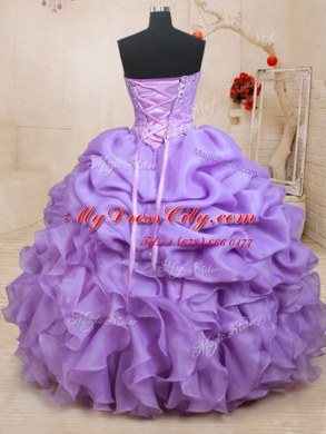 Organza Sweetheart Sleeveless Lace Up Beading and Ruffles and Pick Ups Quince Ball Gowns in Lavender
