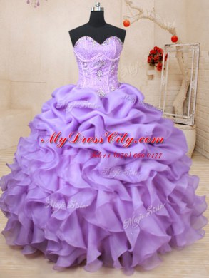 Organza Sweetheart Sleeveless Lace Up Beading and Ruffles and Pick Ups Quince Ball Gowns in Lavender