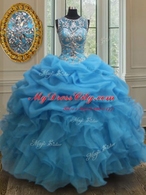 Artistic See Through Baby Blue Ball Gowns Organza Scoop Sleeveless Beading and Ruffles and Pick Ups Floor Length Lace Up Ball Gown Prom Dress