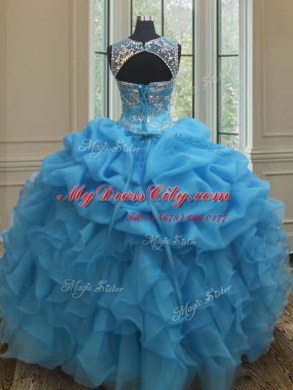 Artistic See Through Baby Blue Ball Gowns Organza Scoop Sleeveless Beading and Ruffles and Pick Ups Floor Length Lace Up Ball Gown Prom Dress