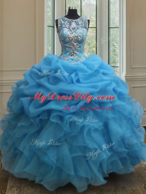 Artistic See Through Baby Blue Ball Gowns Organza Scoop Sleeveless Beading and Ruffles and Pick Ups Floor Length Lace Up Ball Gown Prom Dress